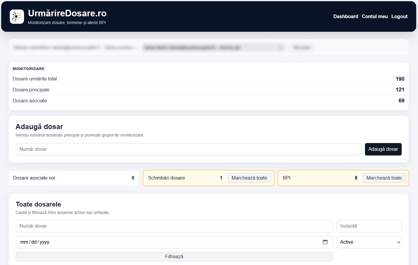 Dashboard UrmărireDosare.ro cu dosare și alerte centralizate